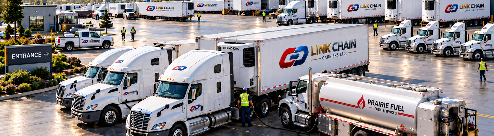 Illustrative rendering of a wide trucking yard with Link Chain branded tractors and trailers, a fuel truck and staff.